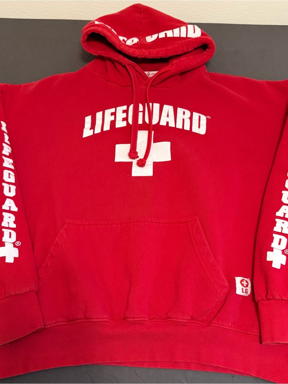 LG Red Lifeguard Crewneck Hoodie with White Graphics